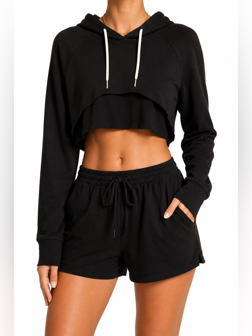 aerie Black Cropped Hoodie with White Drawstrings